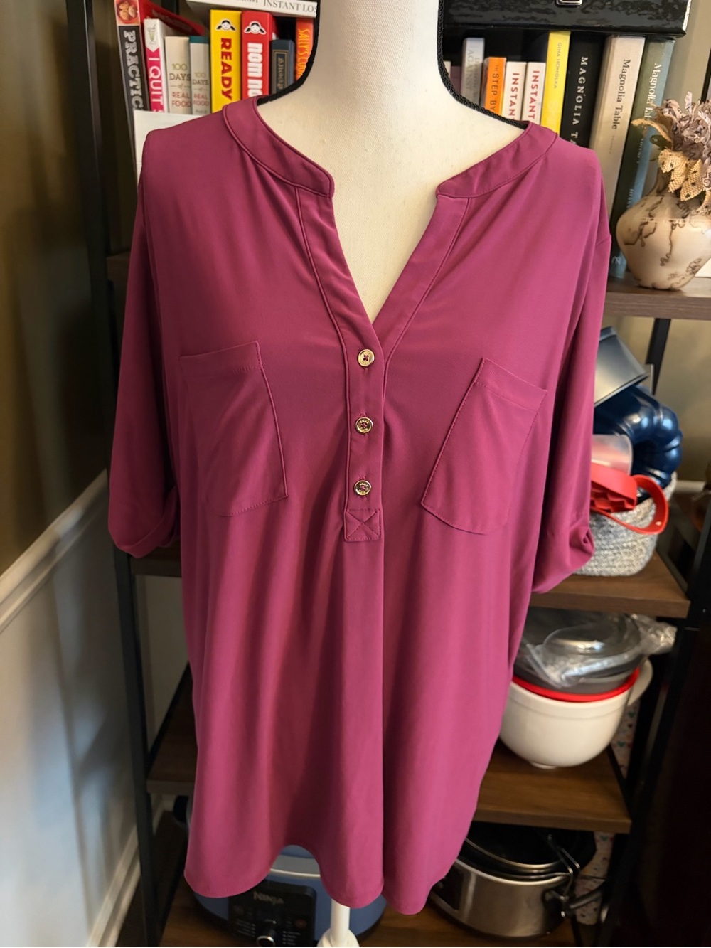Anne Klein Button-Placket Split-Neck Top in Berry Plum